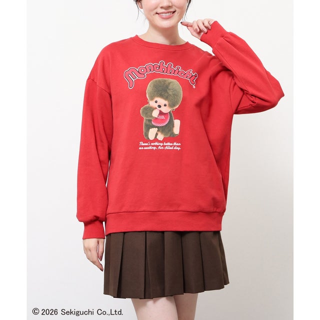 モンチッチ／ゆるトップス トップス スウェット 長袖 大きいサイズ モンチッチ キャラクター プリント 綿100％ 裏毛 レディース （レッド）
