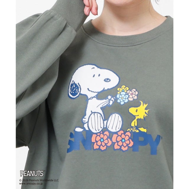 スヌーピー／ゆるトップス トップス スウェット 長袖 男女兼用 ユニセックス スヌーピー キャラクター 刺繍 プリント 綿100％ レディース （グリーン）
