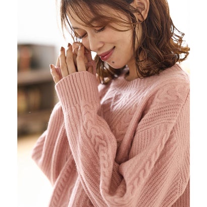 ケーブル編クルーニット トップス ニット セーター 長袖 ウォッシャブル ケーブル編み クルーネック ストレッチ ドロップショルダー レディース （杢ベージュ）｜詳細画像