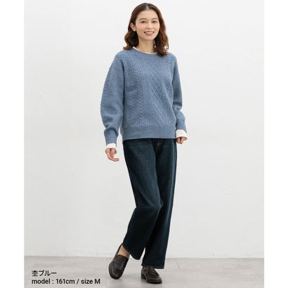 ケーブル編クルーニット トップス ニット セーター 長袖 ウォッシャブル ケーブル編み クルーネック ストレッチ ドロップショルダー レディース （アイボリー）｜詳細画像