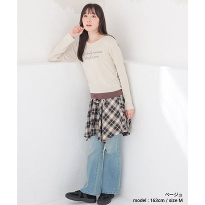 裾レイヤード風トップス トップス カットソー 長袖 レイヤード風 ロゴ シャーリング コンパクト ストレッチ レーヨン混 レディース （杢チャコール）｜詳細画像