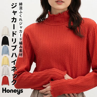 ジャカードリブハイネック トップス カットソー 長袖 ハイネック メロー ストレッチ 綿混 ジャカード編み カジュアル レディース （アイボリー）｜詳細画像