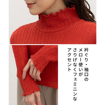ジャカードリブハイネック トップス カットソー 長袖 ハイネック メロー ストレッチ 綿混 ジャカード編み カジュアル レディース （スモーキーブルー）｜詳細画像