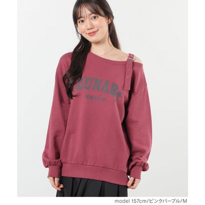 ワンショルゆるトップス トップス スウェット 長袖 ワンショルダー ロゴ ドロップショルダー 綿 裏毛 ガーリー オールシーズン 黒 レディース （スミクロ）｜詳細画像