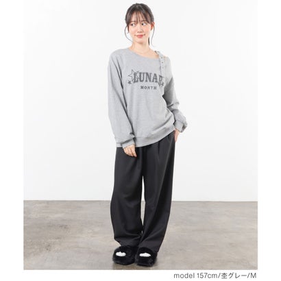 ワンショルゆるトップス トップス スウェット 長袖 ワンショルダー ロゴ ドロップショルダー 綿 裏毛 ガーリー オールシーズン 黒 レディース （スミクロ）｜詳細画像