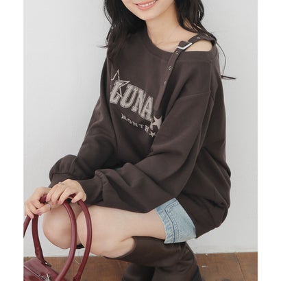 ワンショルゆるトップス トップス スウェット 長袖 ワンショルダー ロゴ ドロップショルダー 綿 裏毛 ガーリー オールシーズン 黒 レディース （スミクロ）｜詳細画像