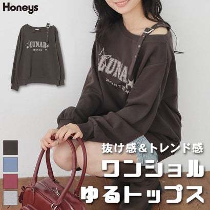 ワンショルゆるトップス トップス スウェット 長袖 ワンショルダー ロゴ ドロップショルダー 綿 裏毛 ガーリー オールシーズン 黒 レディース （スミクロ）｜詳細画像