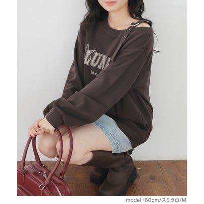 ワンショルゆるトップス トップス スウェット 長袖 ワンショルダー ロゴ ドロップショルダー 綿 裏毛 ガーリー オールシーズン 黒 レディース （スミクロ）｜詳細画像