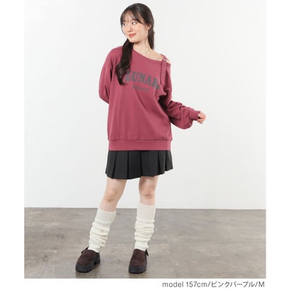 ワンショルゆるトップス トップス スウェット 長袖 ワンショルダー ロゴ ドロップショルダー 綿 裏毛 ガーリー オールシーズン 黒 レディース （スミクロ）｜詳細画像