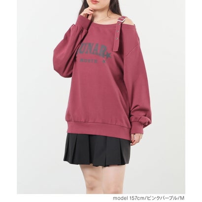 ワンショルゆるトップス トップス スウェット 長袖 ワンショルダー ロゴ ドロップショルダー 綿 裏毛 ガーリー オールシーズン 黒 レディース （ピンクパープル）｜詳細画像