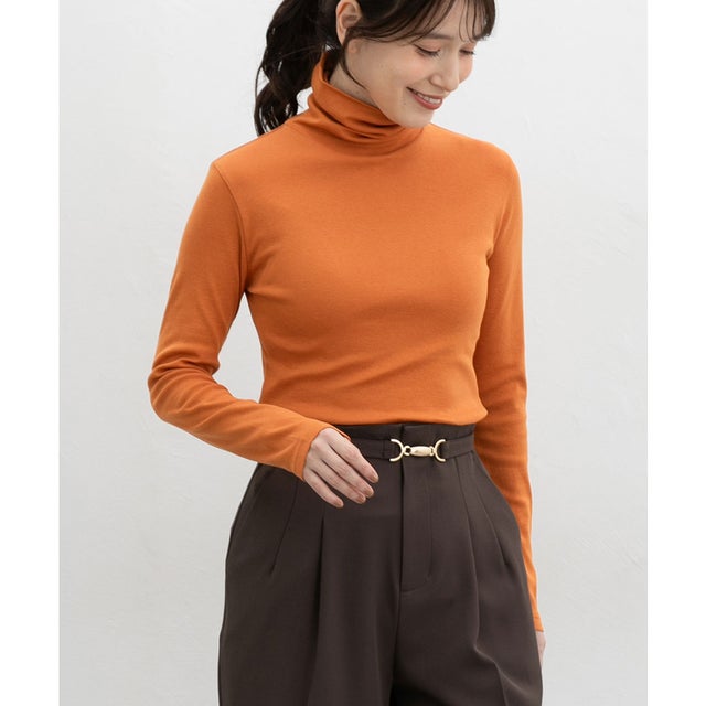 フライスタートルネック トップス カットソー 長袖 オーガニックコットン 大きいサイズ タートルネック 綿100％ フライス編み レディース （オレンジ）
