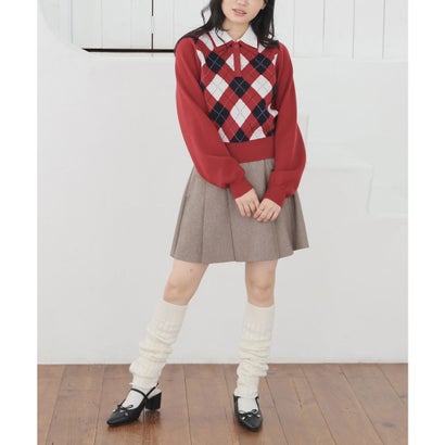 衿付アーガイルニット トップス ニット セーター 長袖 衿付き アーガイル柄 ジャカード編み 短め丈 ガーリー 冬 白 レディース （アカ×オフ）｜詳細画像