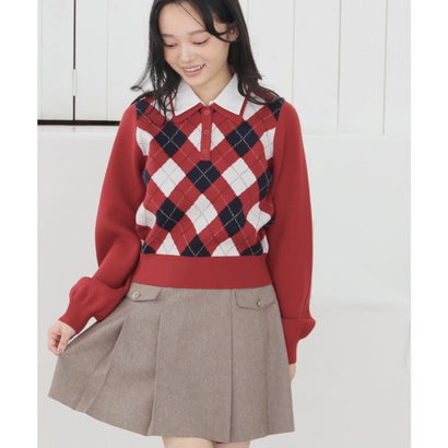 衿付アーガイルニット トップス ニット セーター 長袖 衿付き アーガイル柄 ジャカード編み 短め丈 ガーリー 冬 白 レディース （アカ×オフ）｜詳細画像
