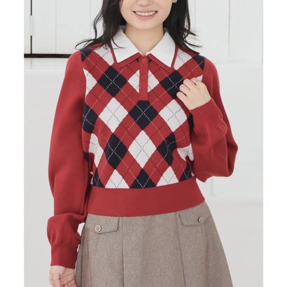 衿付アーガイルニット トップス ニット セーター 長袖 衿付き アーガイル柄 ジャカード編み 短め丈 ガーリー 冬 白 レディース （アカ×オフ）｜詳細画像