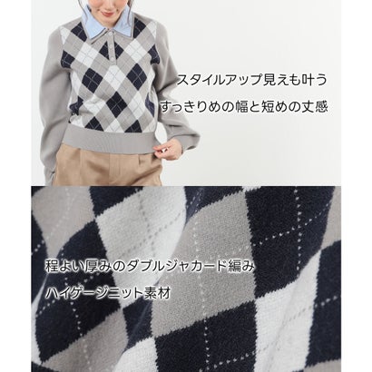 衿付アーガイルニット トップス ニット セーター 長袖 衿付き アーガイル柄 ジャカード編み 短め丈 ガーリー 冬 白 レディース （アカ×オフ）｜詳細画像