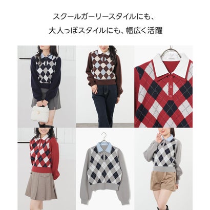 衿付アーガイルニット トップス ニット セーター 長袖 衿付き アーガイル柄 ジャカード編み 短め丈 ガーリー 冬 白 レディース （アカ×オフ）｜詳細画像