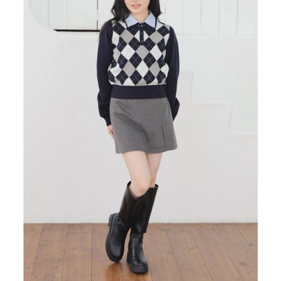 衿付アーガイルニット トップス ニット セーター 長袖 衿付き アーガイル柄 ジャカード編み 短め丈 ガーリー 冬 白 レディース （アカ×オフ）｜詳細画像