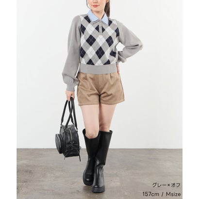 衿付アーガイルニット トップス ニット セーター 長袖 衿付き アーガイル柄 ジャカード編み 短め丈 ガーリー 冬 白 レディース （コン×オフ）｜詳細画像