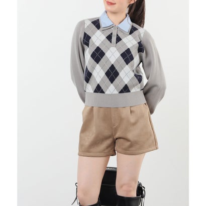 衿付アーガイルニット トップス ニット セーター 長袖 衿付き アーガイル柄 ジャカード編み 短め丈 ガーリー 冬 白 レディース （コン×オフ）｜詳細画像