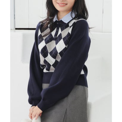 衿付アーガイルニット トップス ニット セーター 長袖 衿付き アーガイル柄 ジャカード編み 短め丈 ガーリー 冬 白 レディース （コン×オフ）｜詳細画像
