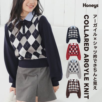 衿付アーガイルニット トップス ニット セーター 長袖 衿付き アーガイル柄 ジャカード編み 短め丈 ガーリー 冬 白 レディース （コン×オフ）｜詳細画像