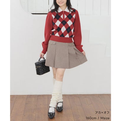衿付アーガイルニット トップス ニット セーター 長袖 衿付き アーガイル柄 ジャカード編み 短め丈 ガーリー 冬 白 レディース （コン×オフ）｜詳細画像