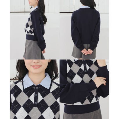 衿付アーガイルニット トップス ニット セーター 長袖 衿付き アーガイル柄 ジャカード編み 短め丈 ガーリー 冬 白 レディース （グレー×オフ）｜詳細画像