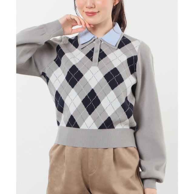 衿付アーガイルニット トップス ニット セーター 長袖 衿付き アーガイル柄 ジャカード編み 短め丈 ガーリー 冬 白 レディース （グレー×オフ）