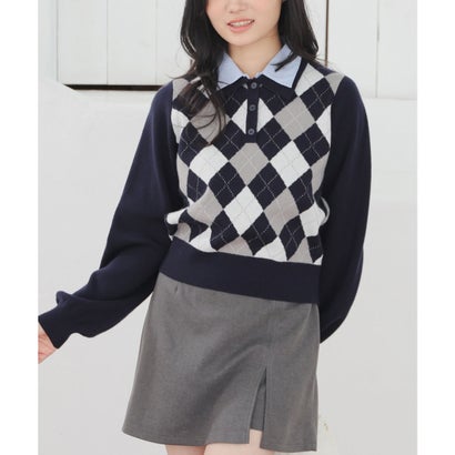 衿付アーガイルニット トップス ニット セーター 長袖 衿付き アーガイル柄 ジャカード編み 短め丈 ガーリー 冬 白 レディース （ベージュ×チャ）｜詳細画像