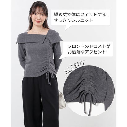アシメオフショルトップス トップス カットソー 長袖 オフショルダー アシメ 短め丈 ドロスト ストレッチ レーヨン混 無地 レディース （ネイビー）｜詳細画像