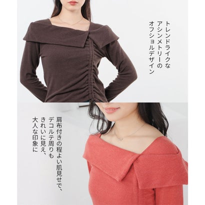 アシメオフショルトップス トップス カットソー 長袖 オフショルダー アシメ 短め丈 ドロスト ストレッチ レーヨン混 無地 レディース （杢チャコール）｜詳細画像