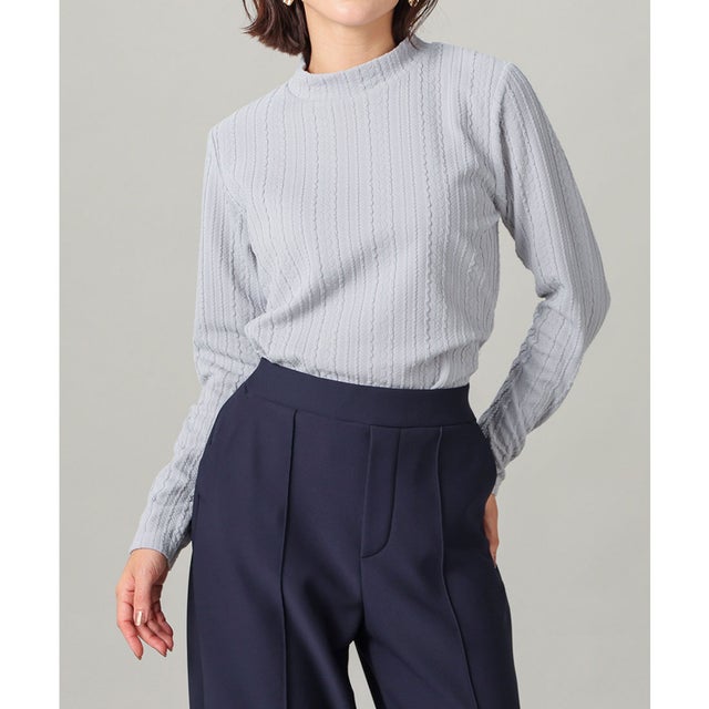 袖釦ハイネックトップス トップス カットソー 長袖 ケーブル柄 ストレッチ ジャカード編み ハイネック ゴールド釦 袖口飾りボタン レディース （グレー）