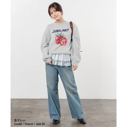フルーツ柄ニット トップス ニット セーター 長袖 フール柄 クルーネック 短め丈 ドロップショルダー ガーリー 冬 白 黒 レディース （ライトグリーン）｜詳細画像