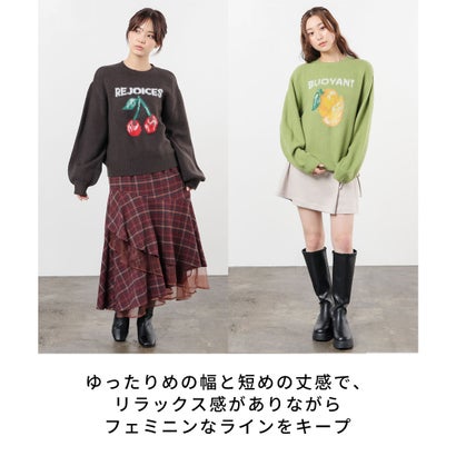 フルーツ柄ニット トップス ニット セーター 長袖 フール柄 クルーネック 短め丈 ドロップショルダー ガーリー 冬 白 黒 レディース （杢グレー）｜詳細画像