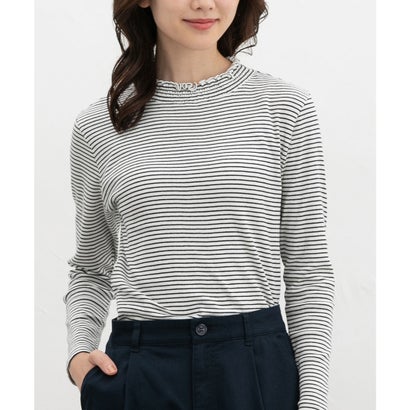 シャーリングハイネックT トップス Tシャツ ロンT 長袖Tシャツ カットソー 長袖 オーガニックコットン ハイネック シャーリング レディース （オフ×クロ）｜詳細画像