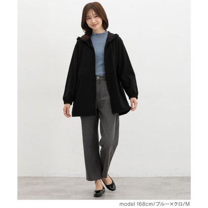 シャーリングハイネックT トップス Tシャツ ロンT 長袖Tシャツ カットソー 長袖 オーガニックコットン ハイネック シャーリング レディース （オフ×クロ）｜詳細画像