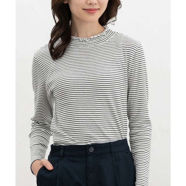 シャーリングハイネックT トップス Tシャツ ロンT 長袖Tシャツ カットソー 長袖 オーガニックコットン ハイネック シャーリング レディース （オフ×クロ）