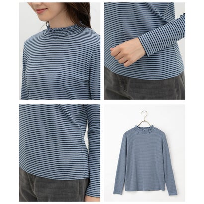 シャーリングハイネックT トップス Tシャツ ロンT 長袖Tシャツ カットソー 長袖 オーガニックコットン ハイネック シャーリング レディース （ブルー×クロ）｜詳細画像