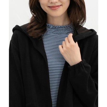 シャーリングハイネックT トップス Tシャツ ロンT 長袖Tシャツ カットソー 長袖 オーガニックコットン ハイネック シャーリング レディース （ブルー×クロ）｜詳細画像