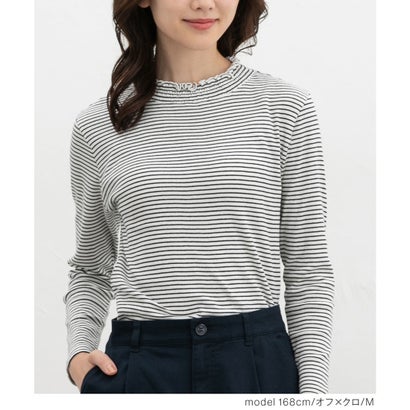 シャーリングハイネックT トップス Tシャツ ロンT 長袖Tシャツ カットソー 長袖 オーガニックコットン ハイネック シャーリング レディース （ブルー×クロ）｜詳細画像