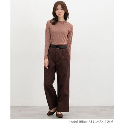 シャーリングハイネックT トップス Tシャツ ロンT 長袖Tシャツ カットソー 長袖 オーガニックコットン ハイネック シャーリング レディース （ブルー×クロ）｜詳細画像