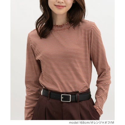 シャーリングハイネックT トップス Tシャツ ロンT 長袖Tシャツ カットソー 長袖 オーガニックコットン ハイネック シャーリング レディース （ブルー×クロ）｜詳細画像
