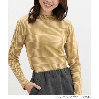 シャーリングハイネックT トップス Tシャツ ロンT 長袖Tシャツ カットソー 長袖 オーガニックコットン ハイネック シャーリング レディース （オレンジ×オフ）｜詳細画像