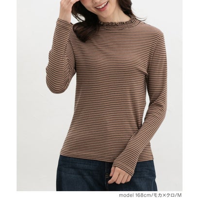 シャーリングハイネックT トップス Tシャツ ロンT 長袖Tシャツ カットソー 長袖 オーガニックコットン ハイネック シャーリング レディース （オレンジ×オフ）｜詳細画像