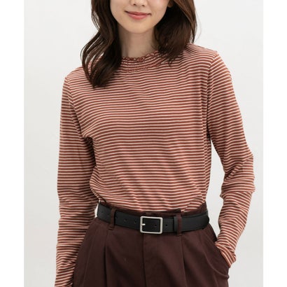 シャーリングハイネックT トップス Tシャツ ロンT 長袖Tシャツ カットソー 長袖 オーガニックコットン ハイネック シャーリング レディース （オレンジ×オフ）｜詳細画像