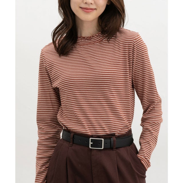 シャーリングハイネックT トップス Tシャツ ロンT 長袖Tシャツ カットソー 長袖 オーガニックコットン ハイネック シャーリング レディース （オレンジ×オフ）