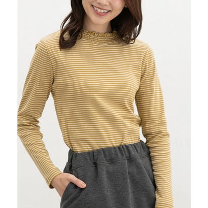 シャーリングハイネックT トップス Tシャツ ロンT 長袖Tシャツ カットソー 長袖 オーガニックコットン ハイネック シャーリング レディース （イエロー×オフ）｜詳細画像