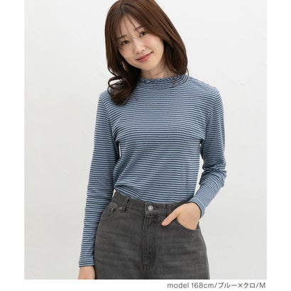 シャーリングハイネックT トップス Tシャツ ロンT 長袖Tシャツ カットソー 長袖 オーガニックコットン ハイネック シャーリング レディース （イエロー×オフ）｜詳細画像