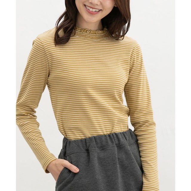 シャーリングハイネックT トップス Tシャツ ロンT 長袖Tシャツ カットソー 長袖 オーガニックコットン ハイネック シャーリング レディース （イエロー×オフ）