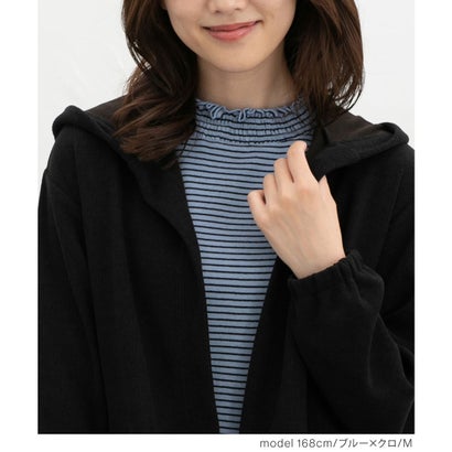シャーリングハイネックT トップス Tシャツ ロンT 長袖Tシャツ カットソー 長袖 オーガニックコットン ハイネック シャーリング レディース （モカ×クロ）｜詳細画像